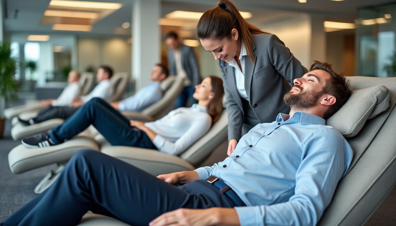 découvrez les bénéfices d’intégrer une pause énergie, massage en entreprise, à votre routine de travail : réduction du stress, amélioration du bien-être, davantage de productivité et ambiance positive assurée au bureau.