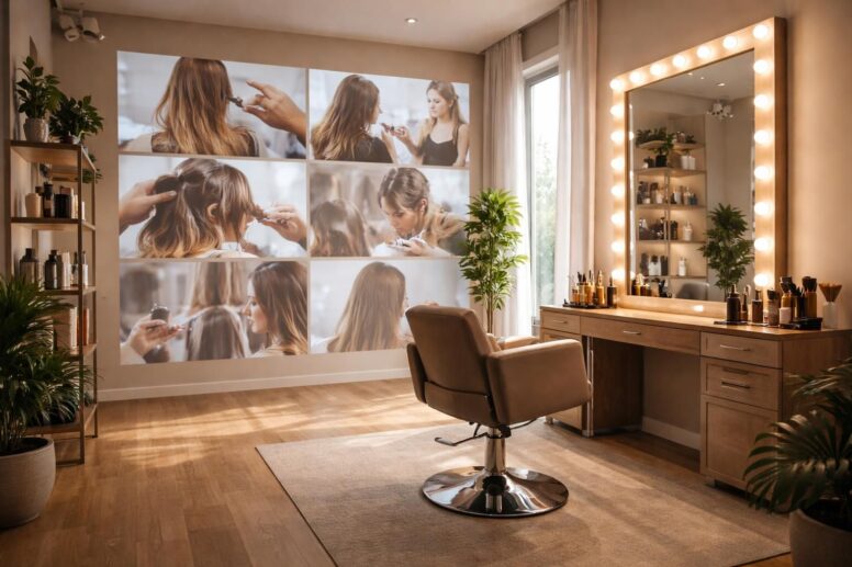 découvrez comment créer une ambiance studio coiffure professionnelle en utilisant des vidéos diffusées sur écran de projection pour dynamiser votre espace.