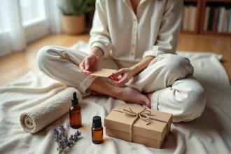 Femme arrangeant des cadeaux bien-être aromatiques avec huiles essentielles et lavande séchée dans un intérieur scandinave chaleureux