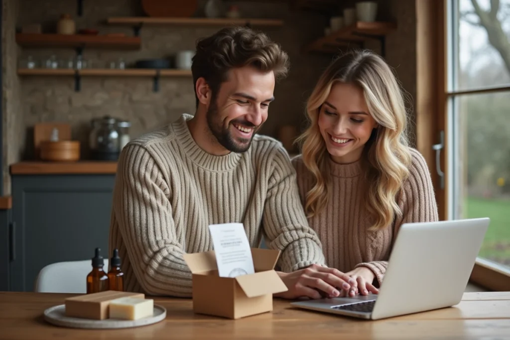 Couple utilisant un code promo sur un site de bien-être pour commander des produits d'aromathérapie depuis leur cuisine