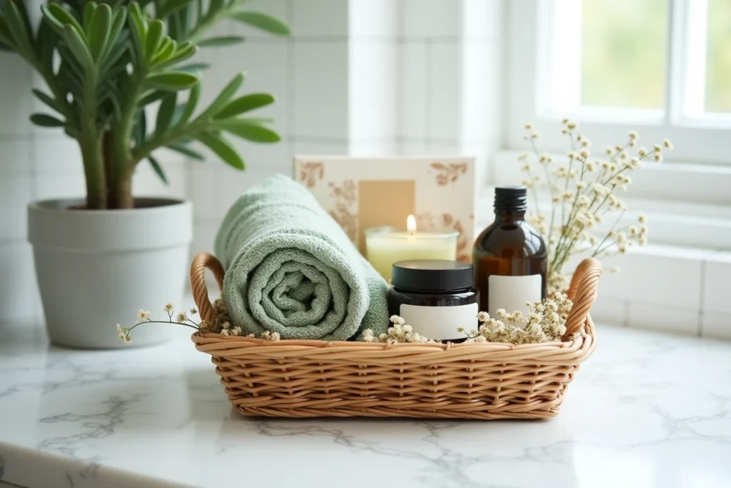 Panier cadeau bien-être garnit d'huiles essentielles, bougie et serviette bio sur comptoir en marbre blanc, idée cadeau avec code promo