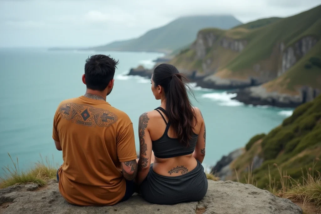 Couple maori assis sur des rochers côtiers en Nouvelle-Zélande, arborant des tatouages traditionnels maori symbolisant les liens familiaux et la protection
