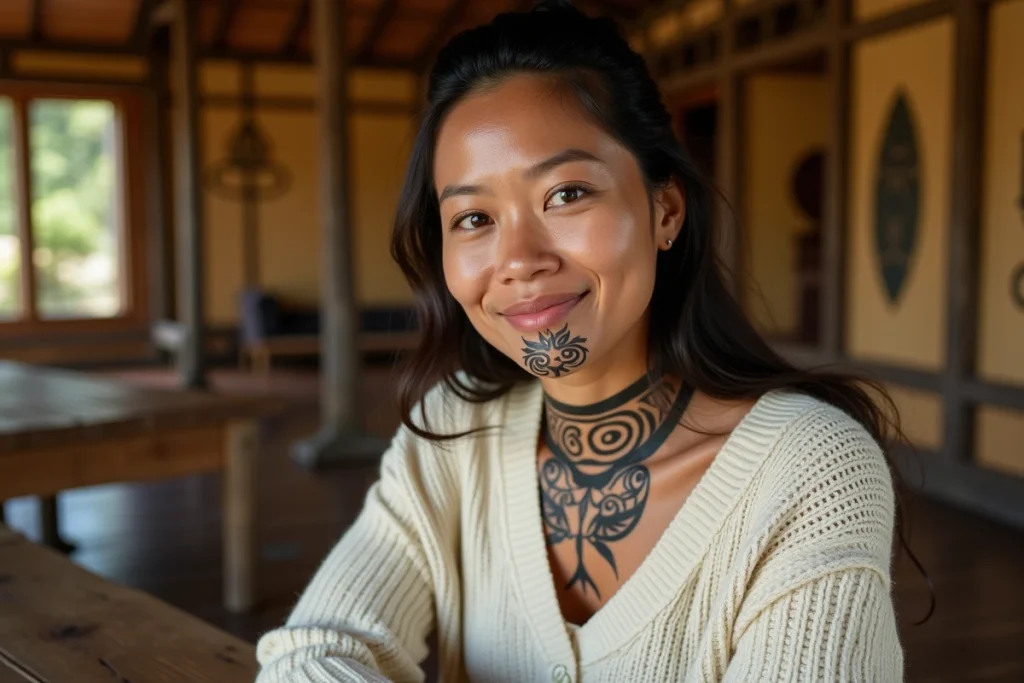 Femme maorie avec un tā moko traditionnel sur le menton représentant des symboles ancestraux d'amour et d'identité dans un centre culturel maori