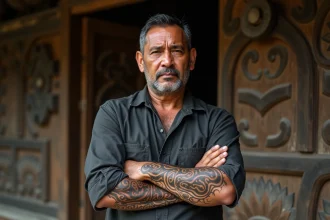 Homme maori arborant un tā moko traditionnel sur le visage et l'avant-bras, symbolisant la famille et la protection, devant une maison de réunion sculptée