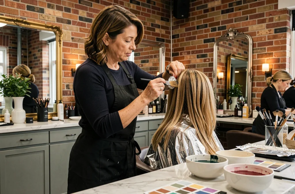 Coloriste professionnelle appliquant un balayage roux sur les cheveux d'une cliente en salon