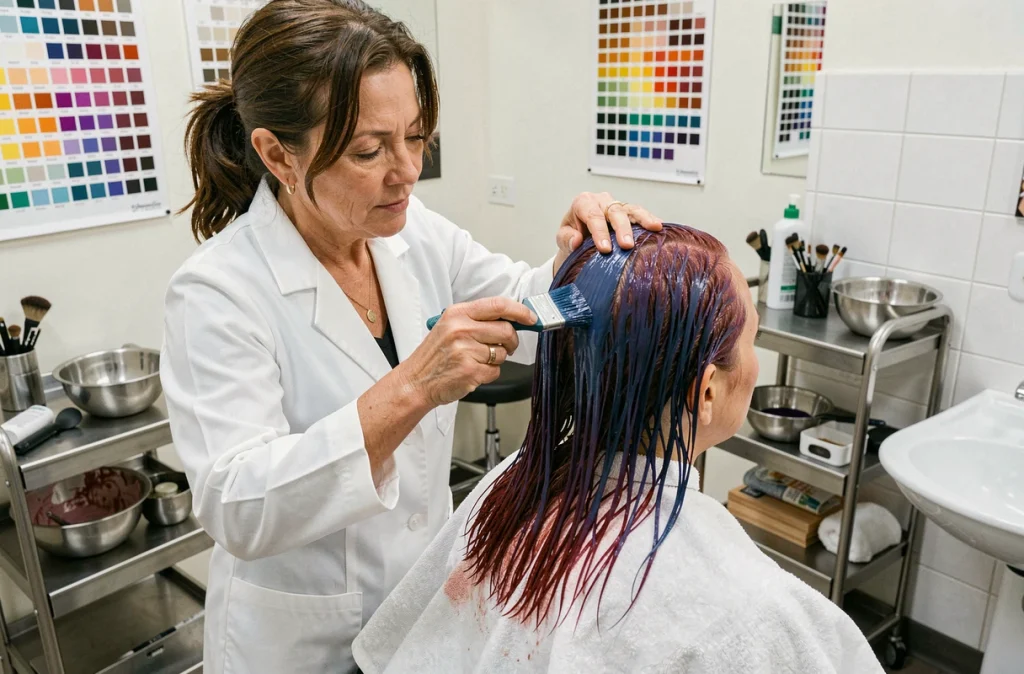 Coloriste professionnelle appliquant une patine bleu-violet sur des cheveux aux reflets roux avec un pinceau de coloration en salon