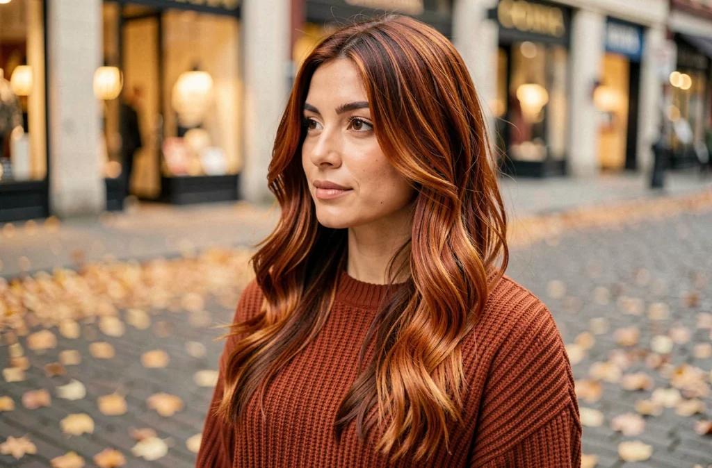 Jeune femme avec un balayage roux aux reflets cuivrés posant en extérieur en automne