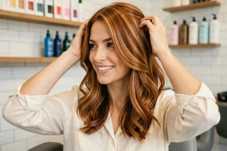 Femme aux cheveux mi-longs avec un balayage roux lumineux et naturel réalisé en salon de coiffure