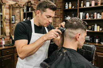 Barbier professionnel réalisant un dégradé taper sur les côtés d'un client dans un salon de coiffure vintage