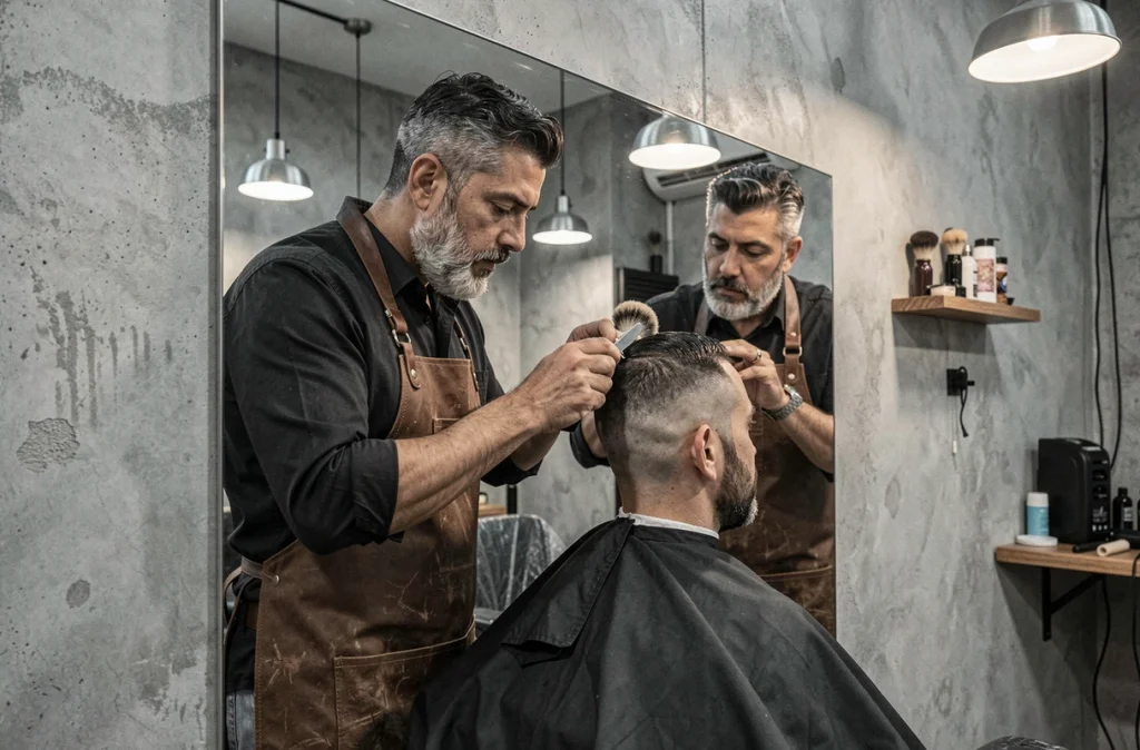 Barbier utilisant un rasoir droit pour affiner le contour d'une coupe taper, reflet dans un grand miroir de barbershop industriel