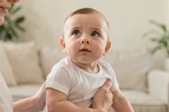 Bébé de 6 mois aux yeux marron verts regardant vers le haut, tenu dans les bras d'une mère dans un salon lumineux