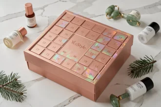 Calendrier de l'Avent YesStyle 2026 posé sur marbre blanc entouré de miniatures de soins coréens