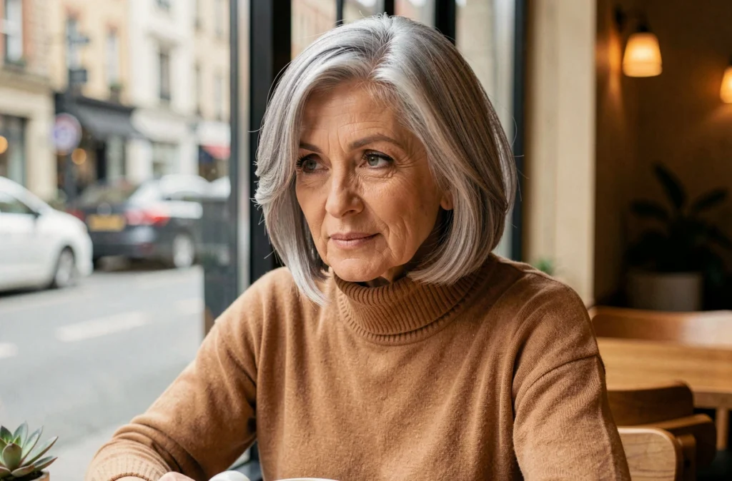 Femme de 60 ans arborant un carré court en dégradé sur cheveux fins gris, coupe rajeunissante avec volume au sommet de la tête