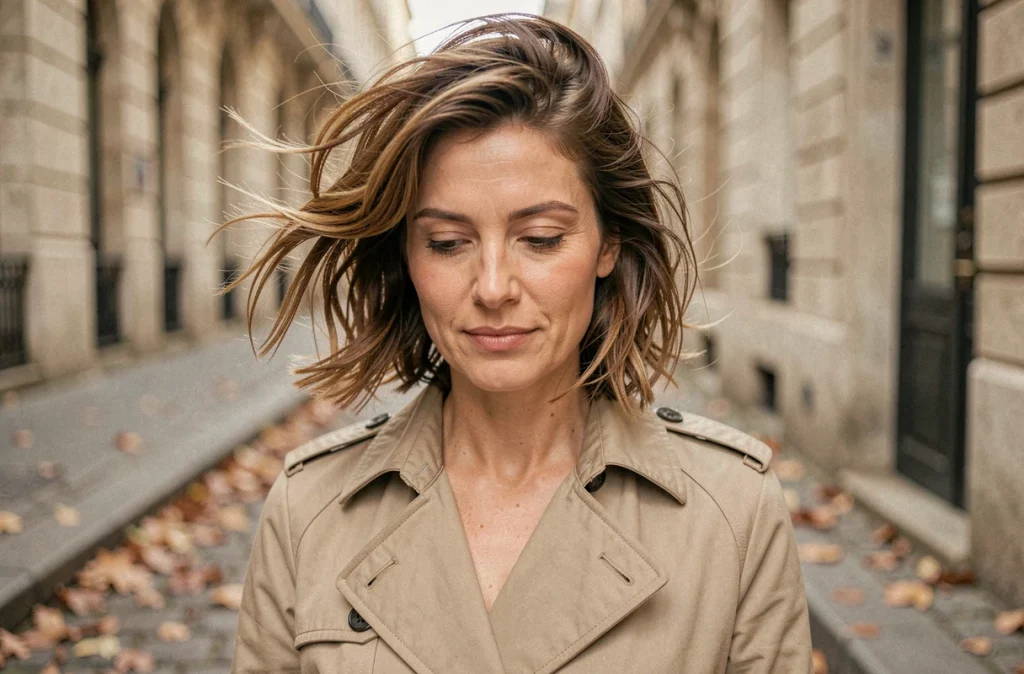 Femme en manteau beige dans une rue parisienne avec un carré dégradé wavy coiffé-décoiffé