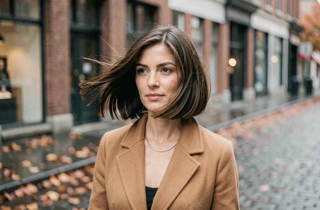 Femme aux cheveux fins avec un carré plongeant volumineux marchant dans une rue urbaine en automne