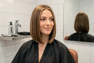 Femme aux cheveux fins portant un carré plongeant volumisé dans un salon de coiffure moderne