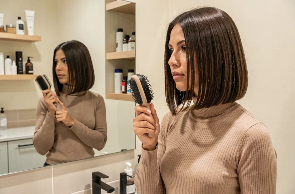 Femme coiffant son carré plongeant anti-raplapla devant un miroir de salle de bain moderne