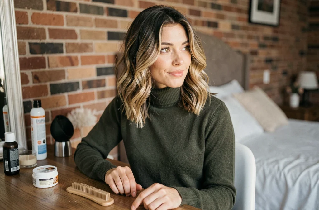 Femme assise à une coiffeuse avec un carré wavy dégradé et des produits coiffants posés devant elle