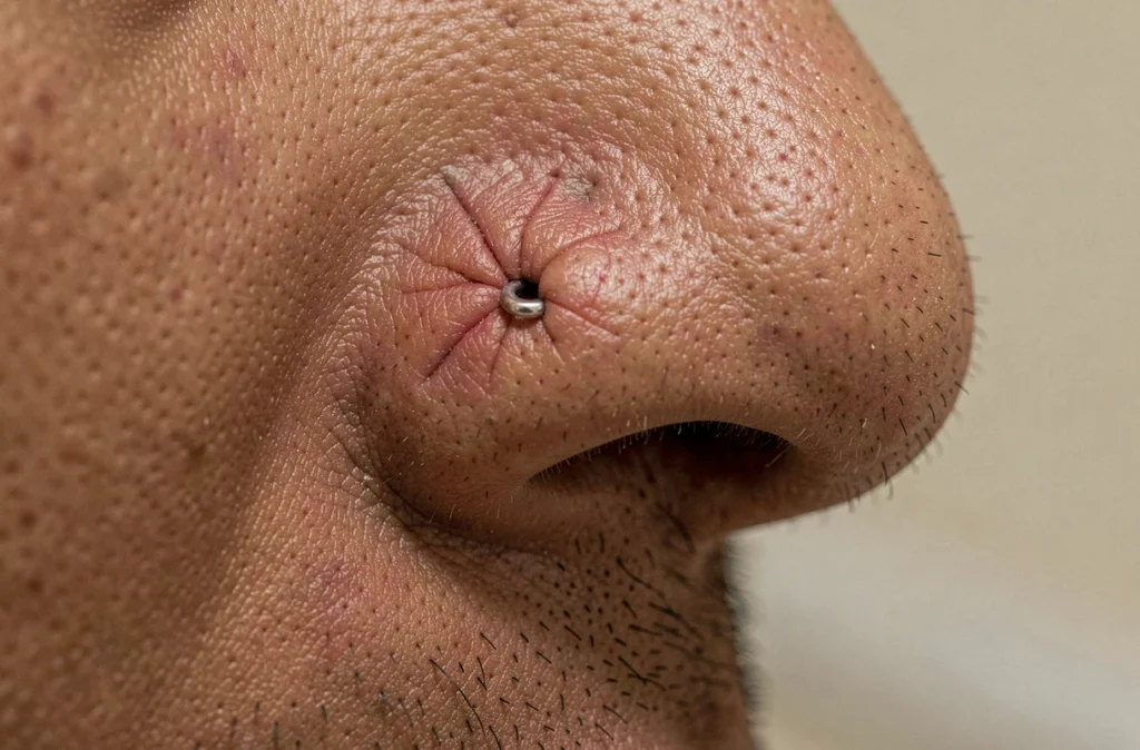 Gros plan sur un piercing nez avec tissu cicatriciel hypertrophique visible autour du bijou