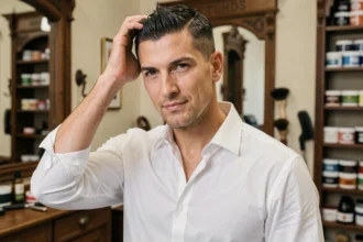 Homme aux cheveux coiffés avec de la cire mate dans un barbershop vintage moderne, look éditorial tendance 2026