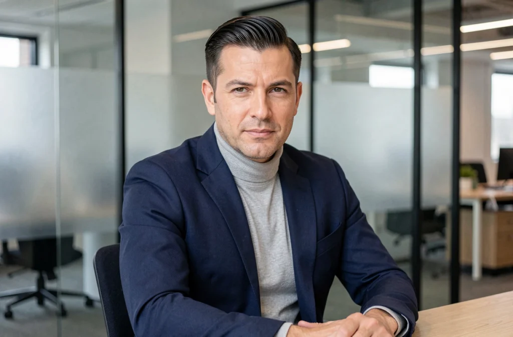 Homme d'affaires avec coiffure soignée à la cire mate cheveux dans un bureau moderne, style professionnel tendance 2026