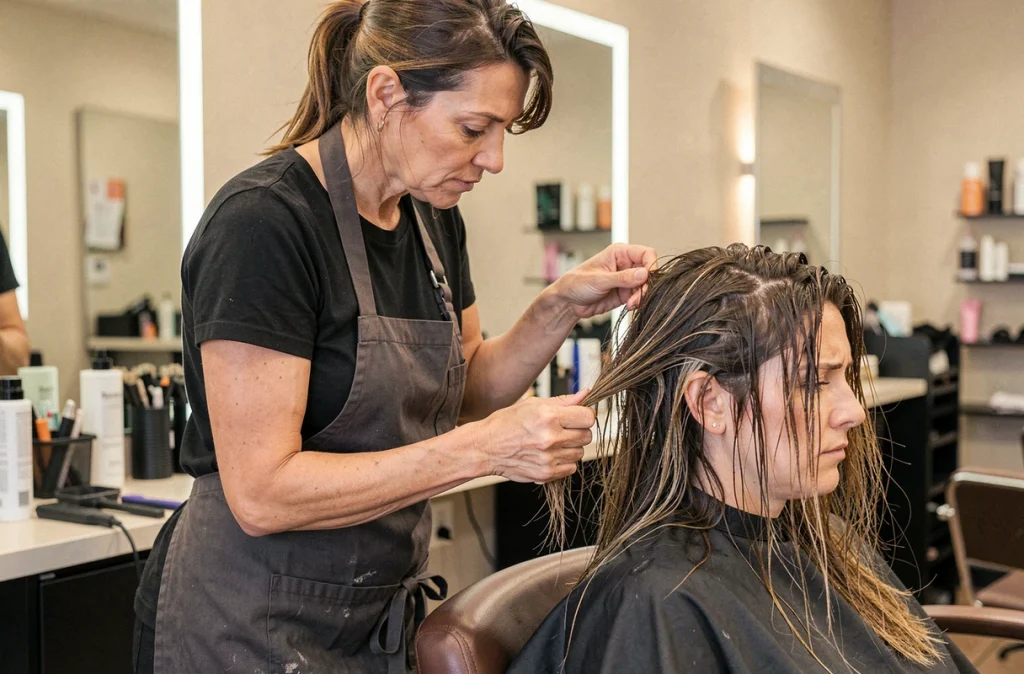 Coiffeuse professionnelle inspectant les cheveux endommagés d'une cliente inquiète dans un salon de coiffure moderne