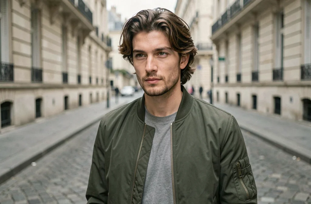 Jeune homme avec coiffure structurée à la cire mate dans une rue parisienne, tendance coiffure homme 2026
