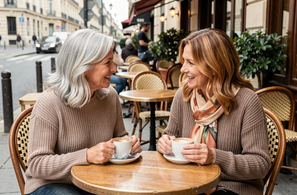 Deux femmes aux cheveux gris-blanc avec différentes techniques de mèches discutant en terrasse de café parisien