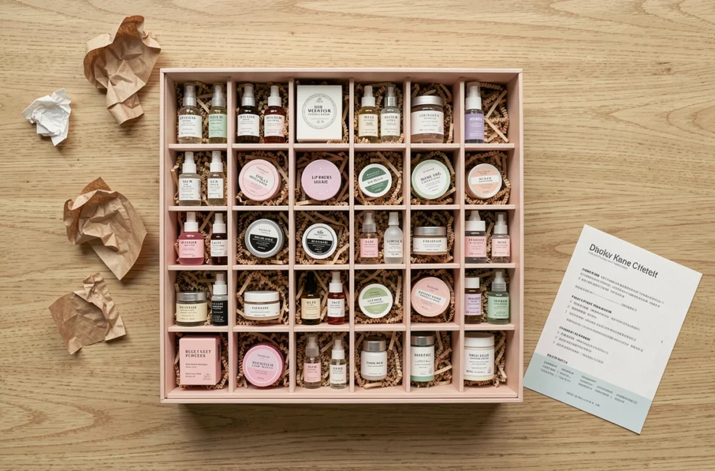 Contenu complet du calendrier de l'Avent YesStyle 2026 étalé en flat lay avec 25 produits beauté miniatures