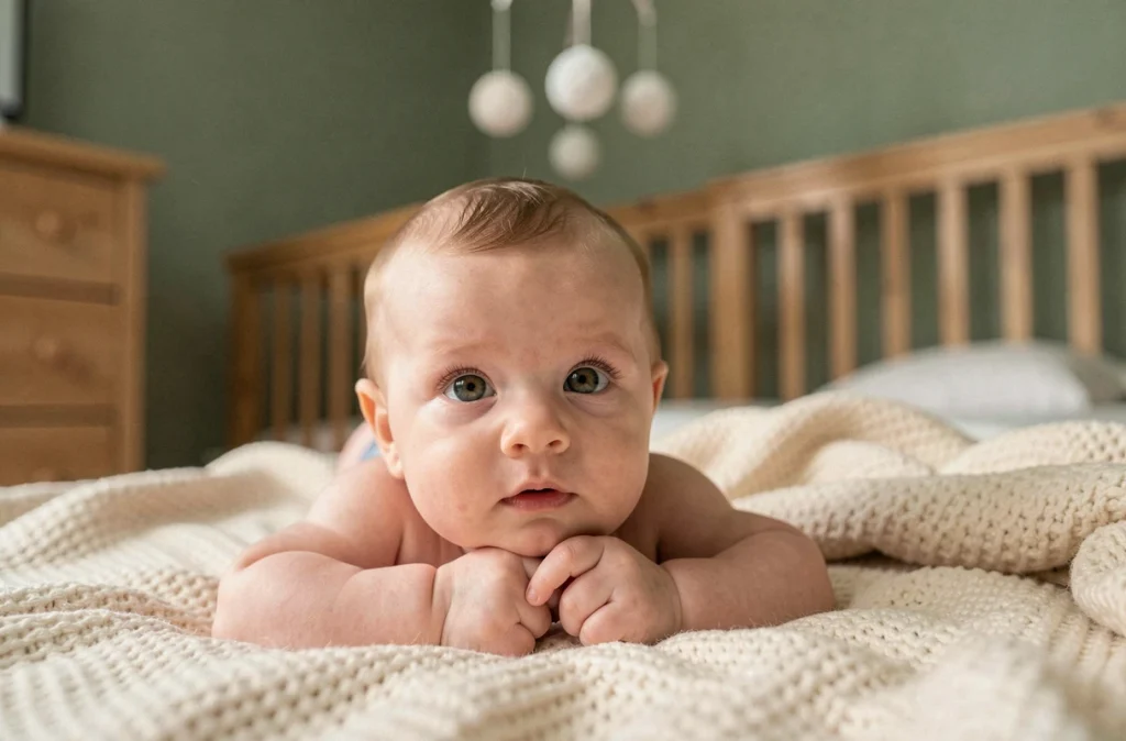 Bébé de 3 à 4 mois allongé sur une couverture douce avec des yeux aux reflets marron verts et bleus dans une chambre de bébé