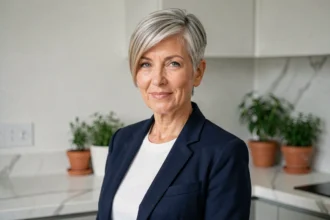 Femme de plus de 50 ans avec une coupe courte pixie sur cheveux fins, coiffure élégante effet lift, style naturel et confiant