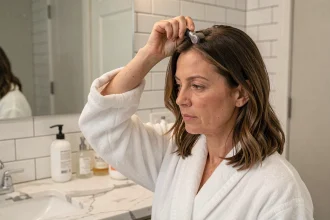 Femme utilisant un dermaroller sur le cuir chevelu dans une salle de bain moderne pour stimuler la repousse des cheveux