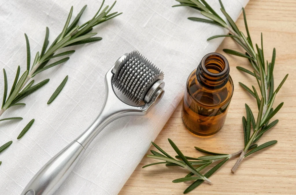 Gros plan d'un dermaroller capillaire avec sérum et plantes naturelles sur fond de lin blanc pour soins du cuir chevelu