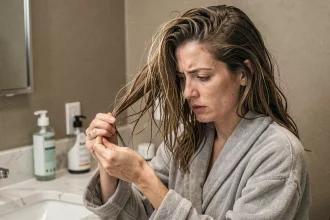 Femme aux cheveux abîmés et cassants examinant ses pointes fourchues dans une salle de bain après utilisation d'Olaplex