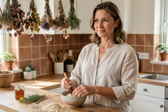 Femme confiante en cuisine préparant des ingrédients naturels pour un soin maison de la poitrine