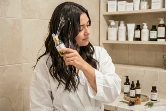 Femme appliquant une huile naturelle Zaturelle sur ses cheveux ondulés dans une salle de bain minimaliste