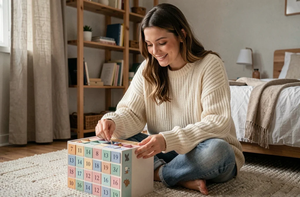 Jeune femme découvrant le contenu d'un calendrier de l'Avent beauté YesStyle dans une chambre cosy