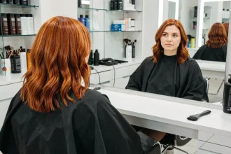 Femme aux reflets roux indésirables dans ses cheveux assise dans un salon de coiffure moderne, vue de trois quarts dans un miroir professionnel