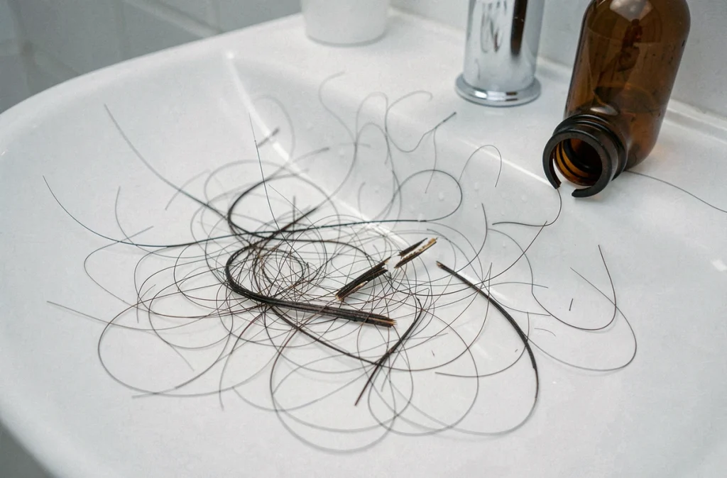 Gros plan sur des cheveux cassés et abîmés dans un lavabo blanc symbolisant les dommages capillaires liés à un traitement Olaplex