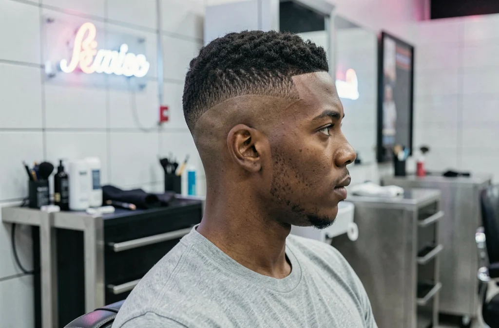 Portrait de profil d'un homme jeune présentant une coupe taper fade propre avec des lignes nettes sur les tempes