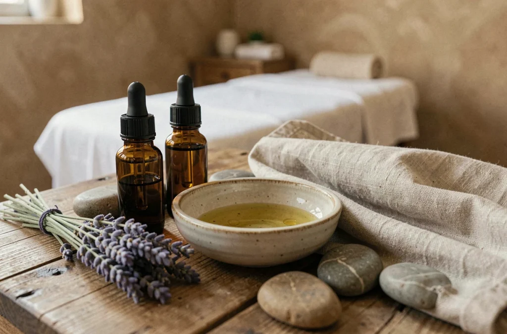 Flacon d'huiles essentielles naturelles et pierres de massage dans un salon de bien-être à Toulouse