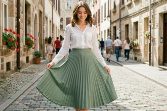 Femme portant une jupe midi plissée vert sauge dans une rue pavée européenne, style éditorial estival