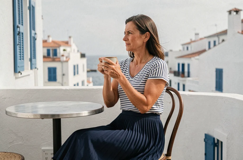 Femme en jupe midi plissée bleue marine assise en terrasse de café avec vue sur la mer Méditerranée