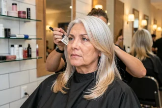 Femme aux cheveux gris-blanc recevant des mèches balayage blondes dans un salon de coiffure professionnel