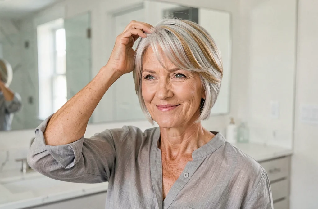 Femme de 60 ans avec cheveux gris courts et mèches miel admirant sa coiffure dans un miroir de salle de bain