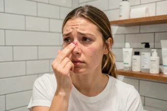 Jeune femme examinant son piercing au nez avec des signes d'irritation et de rougeur autour du bijou