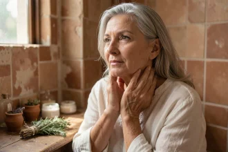 Femme mature massant son cou avec un soin naturel maison pour raffermir la peau relâchée