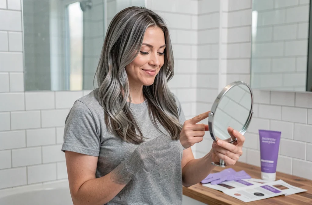 Femme admirant le résultat d'une patine maison réalisée pour neutraliser les reflets roux, tenant un miroir dans une salle de bain moderne