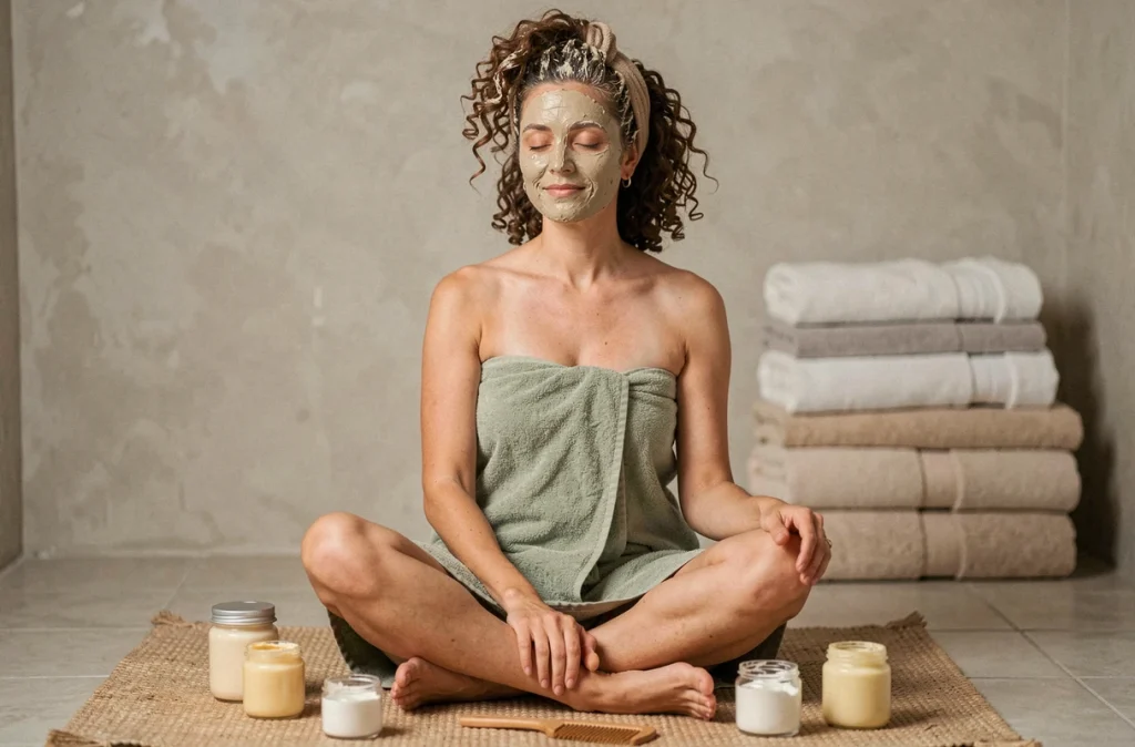 Femme aux cheveux bouclés avec masque capillaire naturel lors d'un rituel soin Zaturelle à domicile