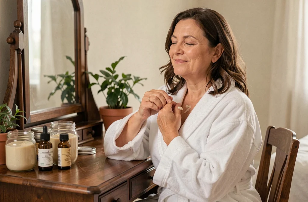 Femme appliquant un soin naturel maison sur le décolleté devant un miroir vintage